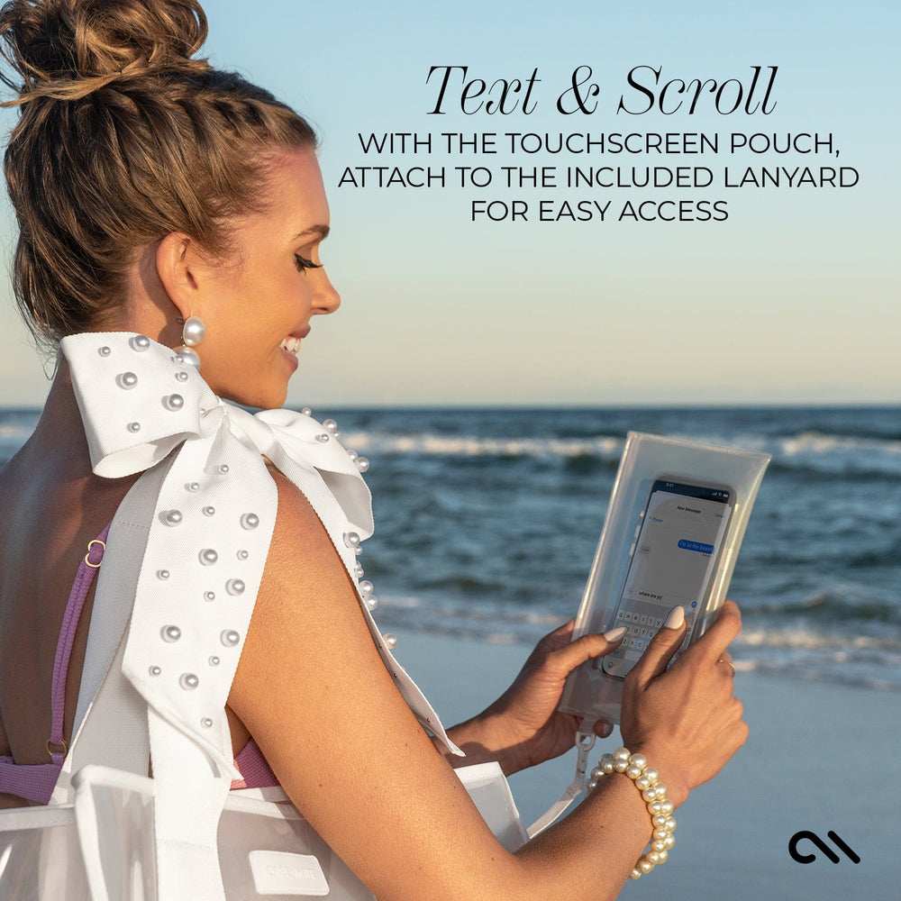 TEXT AND SCROLL WITH THE TOUCHSCREEN POUCH, ATTACH TO THE INCLUDED LANYARD FOR EASY ACCESS #color_ivory pearl bow