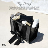 TIP PROOF. THE WIDE, FLAT BASE KEEPS YOUR TOTE UPRIGHT WHEREVER YOU SET IT DOWN #color_midnight black bow
