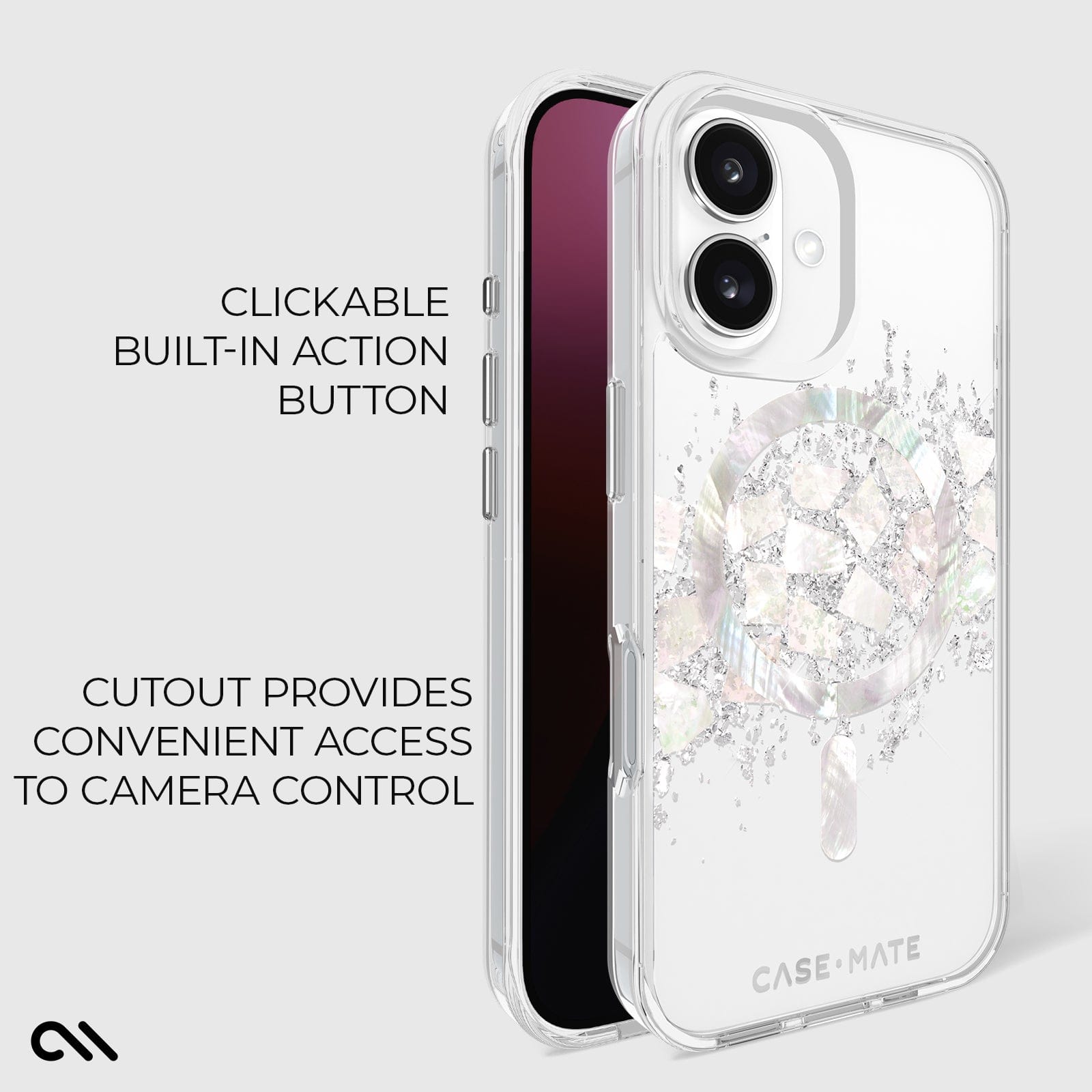 CLICKABLE BUILT-IN ACTION BUTTON. CUTOUT PROVIDES CONVENIENT ACCESS TO CAMERA CONTROL