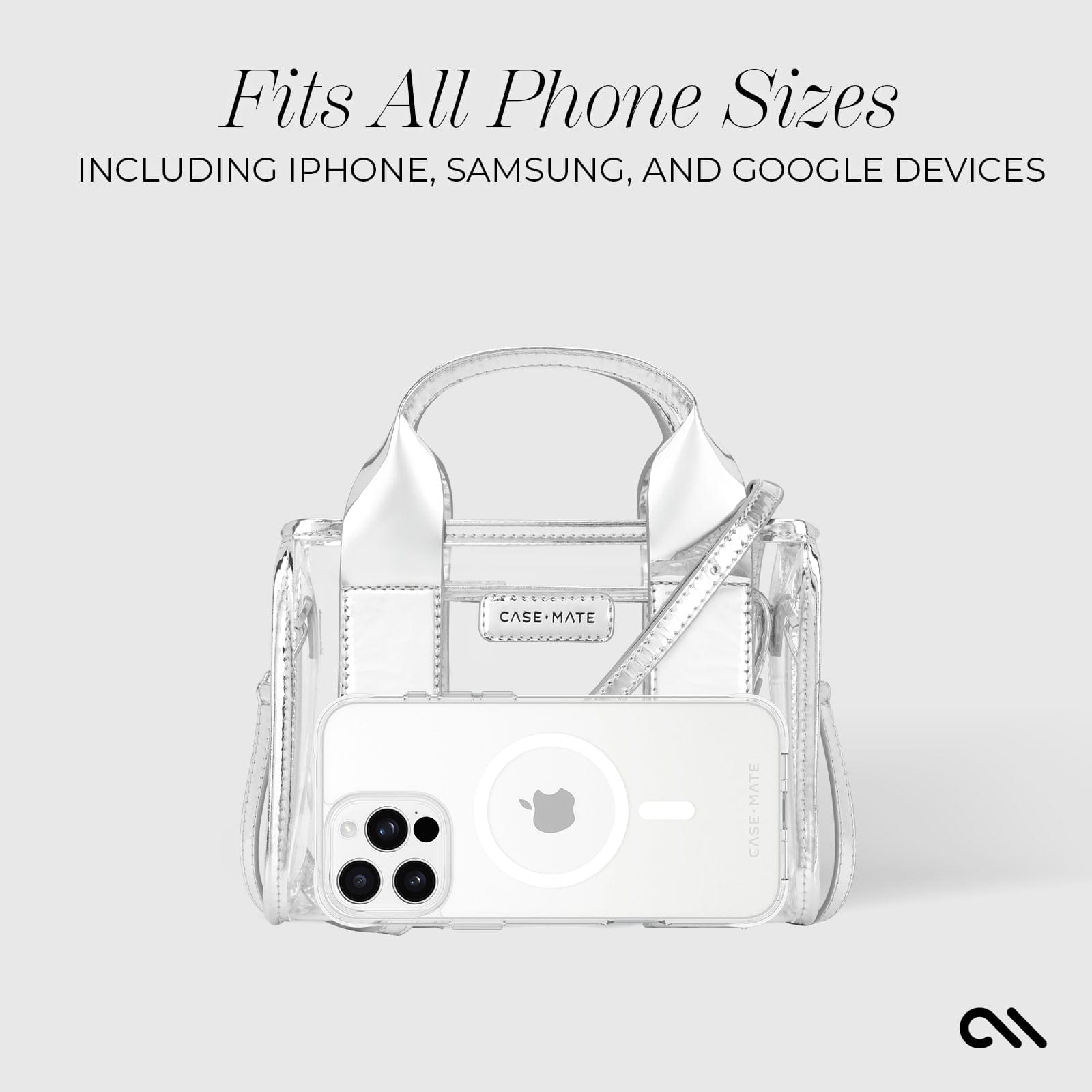 FITS ALL PHONE SIZES INCLUDING, IPHONE, SAMSUNG, AND GOOGLE DEVICES #color_silver chrome & clear
