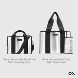 SILVER CHROME MINI BEACH TOTE WITH CROSSBODY STRAP. SILVER CHROME BEACH TOTE WITH PHONE POUCH #color_silver chrome