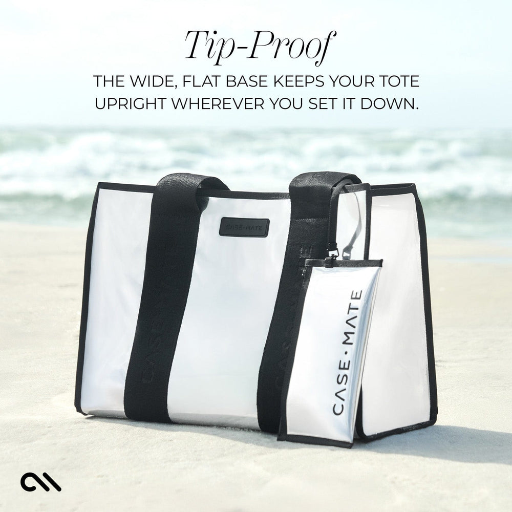 TIP-PROOF THE WIDE, FLAT BASE KEEPS YOUR TOTE UPRIGHT WHEREVER YOU SET IT DOWN. #color_silver chrome