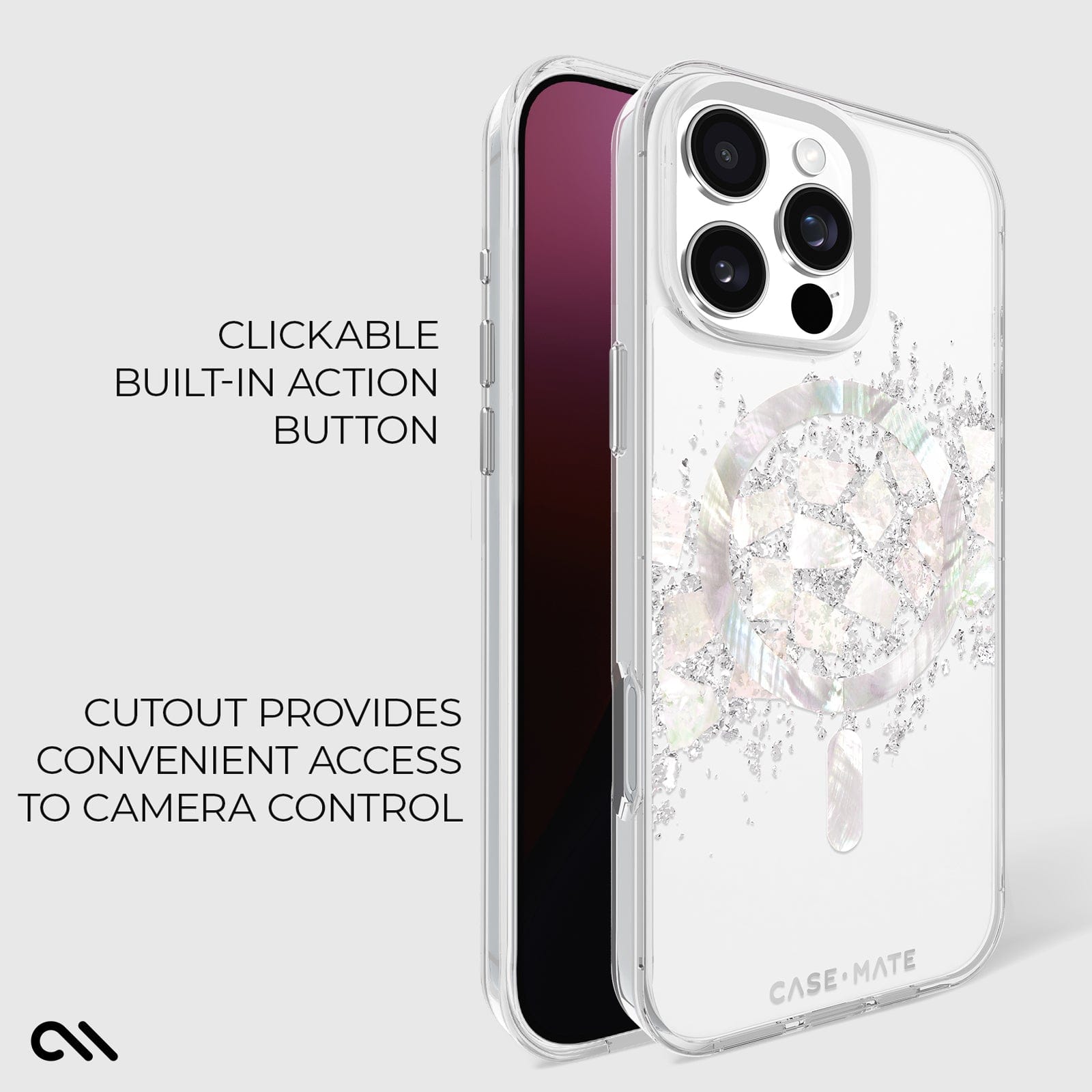 CLICKABLE BUILT IN ACTION BUTTON. CUTOUT PROVIDES CONVENIENT ACCESS TO CAMERA CONTROL