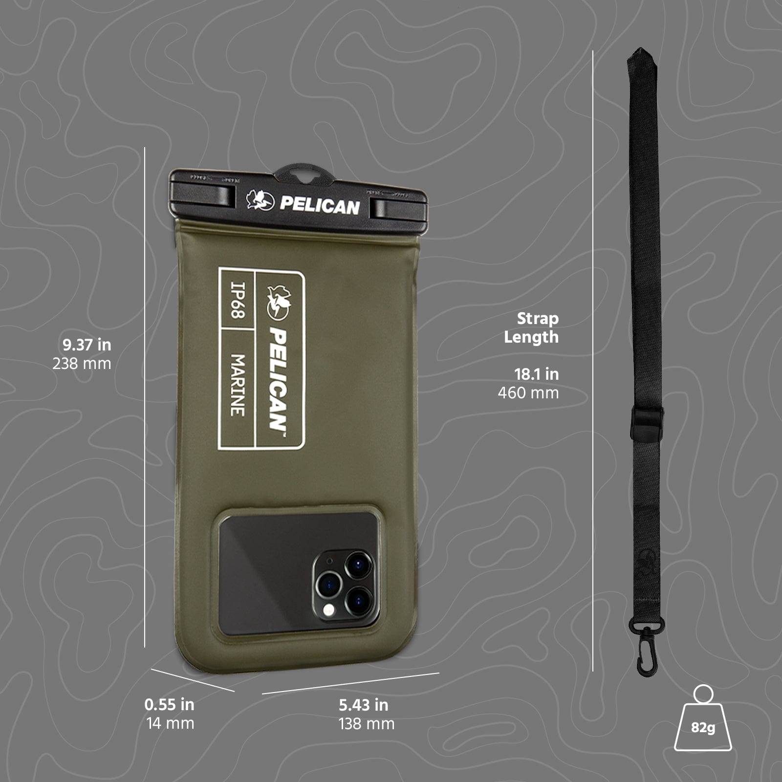 9.37 in x 0.55in. x 5.43 in. Strap length: 18.1"