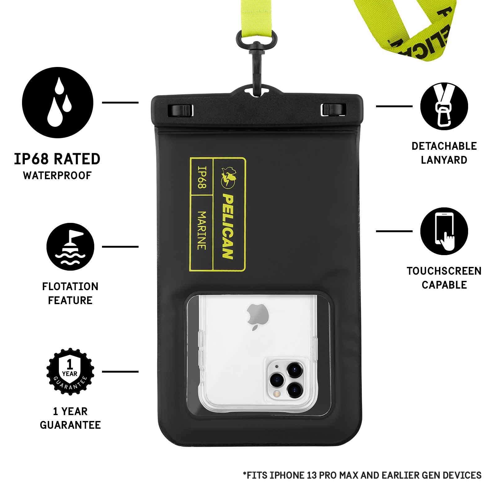 IP68 Rated Waterproof, Flotation feature, 1 year guarantee, detachable lanyard, touchscreen compatible. Fits iPhone 13 Pro Max and earlier gen devices. Color::Stealth Black
